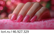 Elegant pink manicure displayed on a sparkling pink background. Стоковое AI-изображение, AI-художник Katsiaryna Repich / Фотобанк Лори