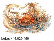 A beautiful fairy woman in richly decorated clothes, sitting in a fantastic, mesmerizing vehicle resembling a chariot or a ship. Her long golden hair flutters, and her crown with precious stones emphasizes her majesty. The composition is made in the style of a watercolor illustration with smooth lines, interweaving of marine and natural elements. The color scheme is warm, with a predominance of gold, orange and blue shades. The atmosphere is mystical, reminiscent of ancient legends about goddesses, mistresses of the elements or sea princesses. Стоковое AI-изображение, AI-художник Анна Кривицкая / Фотобанк Лори