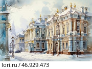 A winter city scene, executed in watercolor technique. In the center of the composition there is a luxurious building in the Baroque or classical style, decorated with columns, stucco and gilded elements. The roofs and streets are covered with fresh snow, creating a feeling of winter coziness. The atmosphere is filled with soft light, and lampposts and an old car add a historical character to the scene. In the background, spires of other buildings are visible, hinting at European or Russian architecture of the 18th-19th centuries. Стоковое AI-изображение, AI-художник Анна Кривицкая / Фотобанк Лори