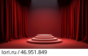 Red carpeted stage with glowing spotlight luxurious theater curtains vibrant red backdrop perfect for presentation or product placement creative performance space high-resolution photography. Стоковое фото, фотограф Павел Муравьев / Фотобанк Лори