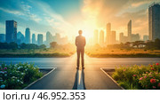 Businessman at crossroads deciding future direction facing challenging choices career path urban setting professional decision making thinking contemplating option. Стоковое AI-изображение, AI-художник Павел Муравьев / Фотобанк Лори