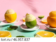 Тарелка с вкусным мороженым в кожуре цитрусовых на цветном фоне. Стоковое фото, фотограф Pixel_shot / Фотобанк Лори