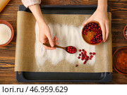 Женщина готовит вкусную засахаренную клюкву на деревянном фоне. Стоковое фото, фотограф Pixel_shot / Фотобанк Лори