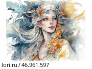 A girl with long light hair braided into a braid decorated with flowers. Her image feels in harmony with nature - light elements fluttering around, reminiscent of wind and foliage. The color palette is made in delicate watercolor shades of blue, gold and white, creating an airy, almost fairy-tale atmosphere. Her look is calm, dreamy and full of depth, which gives the picture mystery. Стоковое AI-изображение, AI-художник Анна Кривицкая / Фотобанк Лори
