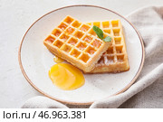 Тарелка вкусных бельгийских вафель с медом на белом фоне. Стоковое фото, фотограф Pixel_shot / Фотобанк Лори