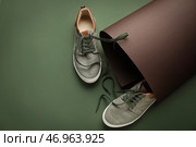 Пара повседневной обуви с развязанными шнурками на цветном фоне. Стоковое фото, фотограф Pixel_shot / Фотобанк Лори