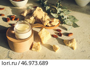 Композиция с банкой сливок и какао-продуктов на светлом фоне. Стоковое фото, фотограф Pixel_shot / Фотобанк Лори