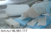 Scrub nurse hands in rubber gloves cutting sterile gauze. Стоковое фото, фотограф David Kashakhi / Фотобанк Лори