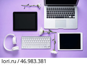 Ноутбук с планшетным компьютером, клавиатурой, наушниками и цветами на сиреневом фоне. Стоковое фото, фотограф Pixel_shot / Фотобанк Лори