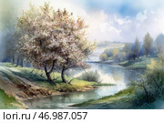 A picturesque spring landscape, painted in watercolor. In the center of the scene is a blossoming tree with pink and white flowers, which stands on the bank of a calm river. The water reflects the soft light of the sky, creating an atmosphere of peace. On both sides of the river are green hills with groves of trees, gradually receding into the distance. Light clouds float in the sky, complementing the feeling of freshness and space. The overall composition conveys the idyll of spring nature and harmony with the surrounding world. Стоковое AI-изображение, AI-художник Анна Кривицкая / Фотобанк Лори