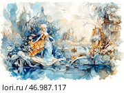 A magical fairytale scene, executed in delicate watercolor tones. Two elegant ladies in luxurious dresses with corsets and puffy skirts are in a fantastic landscape. One of them is standing in the foreground, her golden and blue dress fluttering in the wind, and her hair is decorated with flowers. The second lady, wearing a crown, is located closer to a small quaint house, entwined with plants. In the background, fairytale castles, ornate trees and a boat floating on quiet water are visible. The whole composition is filled with romance, mystery and a sense of an old fairy tale. Стоковое AI-изображение, AI-художник Анна Кривицкая / Фотобанк Лори