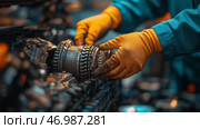 Skilled mechanic assembling engine components in a workshop setting. Квалифицированный механик, собирающий компоненты двигателя в  мастерской. Стоковое AI-изображение, AI-художник Katsiaryna Repich / Фотобанк Лори
