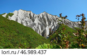 Beautiful patterns on rocky white mountain with bright greenery on sunny summer day. Стоковое фото, фотограф David Kashakhi / Фотобанк Лори