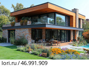 A modern two-story house with a flat roof, made in the style of minimalism. The facade combines natural materials: wood, glass and stone, which creates an elegant and harmonious appearance. Large panoramic windows provide maximum natural light, and a spacious terrace on the first floor is equipped with comfortable furniture for relaxation. On the second floor there is a balcony with transparent glass railings and flower arrangements. Around the house there is a well-kept garden with bright flowers, a lawn and a swimming pool. The whole scene conveys a feeling of comfort, coziness and harmony with nature. Стоковое AI-изображение, AI-художник Анна Кривицкая / Фотобанк Лори