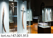 Exposition chronicles of steel. Bladed Weapons from Bulgarian Middle Ages at Archaeological Museum. Sofia, Bulgaria. Редакционное фото, фотограф Яков Филимонов / Фотобанк Лори