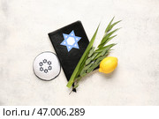 Четыре вида (лулав, хадас, арава, этрог) как символы праздника Суккот, Тора и кипа на белом гранжевом фоне. Стоковое фото, фотограф Pixel_shot / Фотобанк Лори