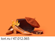 Стильные высокие каблуки с коричневой сумкой, беретом, ремнем и осенним листом на оранжевом фоне. Стоковое фото, фотограф Pixel_shot / Фотобанк Лори