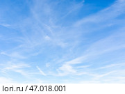 Blue sky with fluffy white cirrus clouds. The sky is clear and bright, and the clouds are scattered throughout the sky. Scene is peaceful and serene, copy space. High quality photo. Стоковое фото, фотограф Ирина Михайличенко / Фотобанк Лори