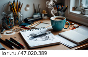 Creative workspace with a hot drink, sketchbook, and drawing tools during a quiet morning. Стоковое AI-изображение, AI-художник Сергей Толмачёв / Фотобанк Лори