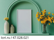 Blank Greeting Card, Invitation Mockup. Front view Yellow Flowers in Vase, Modern Green Wall, Boho Paper Mock Up on Table. Copy Space. Minimal Business Brand Template. Soft Shadow Nordic Flier Design. Стоковое AI-изображение, AI-художник Марина Демидюк / Фотобанк Лори