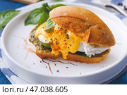 Вкусный бутерброд с флорентийским яйцом на тарелке, крупным планом. Стоковое фото, фотограф Pixel_shot / Фотобанк Лори