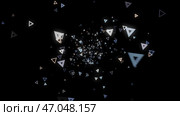 Abstract background of numerous white triangles floating chaotically on a black. Стоковая иллюстрация, иллюстратор David Kashakhi / Фотобанк Лори
