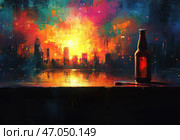 Atmospheric abstract painting, executed in the style of impressionism or expressionism. In the foreground, on a dark tabletop, there is a bottle reflecting the surrounding light. Next to it lies an object resembling a pen or a bottle opener.In the center of the composition is a bright, almost fiery glow, illuminating the silhouettes of skyscrapers. Sunset or night city lights are reflected in the water surface, creating an effect of blur and picturesque depth. The color palette consists of rich red, orange, yellow, blue and purple shades, conveying a sense of a nighttime urban mood.The scene can symbolize loneliness, reflection, the evening atmosphere of the city, a mixture of feelings and emotions. Стоковое AI-изображение, AI-художник Анна Кривицкая / Фотобанк Лори