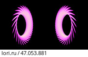 Abstract rotating symmetric rings with striped surface isolated on a black background, seamless loop. Стоковая иллюстрация, иллюстратор David Kashakhi / Фотобанк Лори