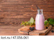 Бутылка вкусного ежевичного коктейля на деревянном столе. Стоковое фото, фотограф Pixel_shot / Фотобанк Лори