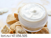 Баночка натуральных сливок и кускового коричневого сахара на столе, крупным планом. Стоковое фото, фотограф Pixel_shot / Фотобанк Лори
