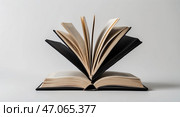 Book open with pages fanned out displaying text against a plain background highlighting the beauty of literature. Стоковое AI-изображение, AI-художник Сергей Толмачёв / Фотобанк Лори