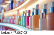 Collection of colorful cosmetic serums lined up on display in a beauty store. Стоковое AI-изображение, AI-художник Сергей Толмачёв / Фотобанк Лори