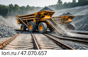 Industrial loaders unloading gravel onto railroad tracks at a quarry, daytime. Стоковое AI-изображение, AI-художник Сергей Толмачёв / Фотобанк Лори