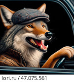 Койот в кепке за рулем авто. Coyote in a cap driving a car. Стоковое AI-изображение, AI-художник Igor Murashko / Фотобанк Лори