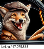 Койот в кепке за рулем авто. Coyote in a cap driving a car. Стоковое AI-изображение, AI-художник Igor Murashko / Фотобанк Лори