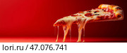 Floating pizza slice with melted cheese on a vibrant red background showcasing delicious toppings. На ярко-красном фоне в воздухе парит кусок пиццы с липким расплавленным сыром и пепперони. Захватывающее изображение подчеркивает соблазнительный вид блюда. Стоковое AI-изображение, AI-художник Katsiaryna Repich / Фотобанк Лори