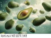 Flying avocados drift among clouds in a surreal sky. Летающие авокадо дрейфуют среди облаков в сюрреалистическом небе. Стоковое AI-изображение, AI-художник Katsiaryna Repich / Фотобанк Лори