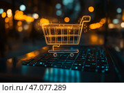 Digital shopping cart over laptop keyboard in evening ambience. Цифровая корзина для покупок над клавиатурой ноутбука в вечерней обстановке. Стоковое AI-изображение, AI-художник Katsiaryna Repich / Фотобанк Лори