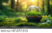 Versa world showcases greenery in a serene natural setting. В ярком стеклянном шаре - пышные зеленые растения на фоне освещенного солнцем леса. Эта сцена передает суть спокойствия и гармонии природы. Стоковое AI-изображение, AI-художник Katsiaryna Repich / Фотобанк Лори