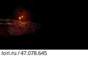 Abstract cartoon animation with the brave man with a torch in the forest. Стоковая иллюстрация, иллюстратор David Kashakhi / Фотобанк Лори