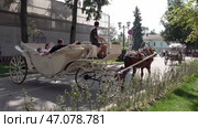 Конные экипажи на улице старинного русского города Суздаль. Июль. Horse-drawn carriages on the street of the ancient Russian city Suzdal. July. Редакционное видео, видеограф Горшков Александр / Фотобанк Лори