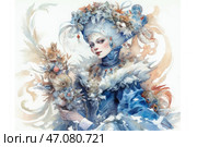 Exquisite watercolor painting inspired by the Baroque and Rococo eras. In the center of the composition is an elegant lady with refined facial features, dressed in a luxurious blue dress with lush ruffles and a complex decorative collar. On her head is a majestic headdress decorated with feathers, flowers and precious elements, creating an image of aristocratic masquerade mysticism. In her hands she holds a bouquet of fantastic plants and fruits, among which stylized elements of nature and fairy-tale creatures can be guessed. The background is light and airy, with smooth watercolor transitions emphasizing the mystical and romantic atmosphere. Стоковое AI-изображение, AI-художник Анна Кривицкая / Фотобанк Лори
