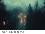A dark, foggy street at night or before dawn. The atmosphere of thick fog creates a mysterious effect, hiding distant objects and adding a sense of depth. Rain or wet asphalt reflects the light of street lamps, enhancing the contrast between warm and cool tones. Silhouettes of houses are visible on the left, one of the windows glows with a warm orange light, creating a cozy accent among the gloomy surroundings. Tall trees with bare branches add a mystical and somewhat ominous atmosphere to the scene. Стоковое AI-изображение, AI-художник Анна Кривицкая / Фотобанк Лори