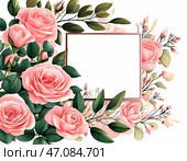 Soft pink roses gracefully surround a blank canvas, inviting personalization for special occasions. Perfect for expressing love, joy, or gratitude in a charming way Generative AI. Стоковое AI-изображение, AI-художник Юлия Петровская / Фотобанк Лори