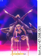 Belarus, Gomel, April 1, 2018. Gomel State Circus.Acrobatic girls perform a trick under blue stage lights. Редакционное фото, фотограф Лазаренко Светлана / Фотобанк Лори