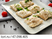 Вкусные равиоли с тертым сыром на тарелке, крупным планом. Стоковое фото, фотограф Pixel_shot / Фотобанк Лори