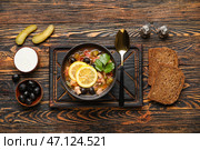 Миска вкусного супа Ходжпож с сметаной и хлебом на деревянном фоне. Стоковое фото, фотограф Pixel_shot / Фотобанк Лори