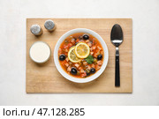Миска вкусного супа Ходжподж с сметаной на светлом фоне. Стоковое фото, фотограф Pixel_shot / Фотобанк Лори