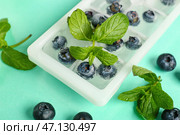Ледяная форма с свежими замороженными черниками и мятой на голубом фоне. Стоковое фото, фотограф Pixel_shot / Фотобанк Лори