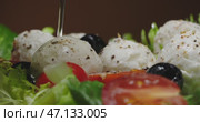 Enjoy a Delicious and Fresh Salad Featuring Cheese Along with a Variety of Vegetables. Стоковое видео, видеограф Владимир Ковальчук / Фотобанк Лори